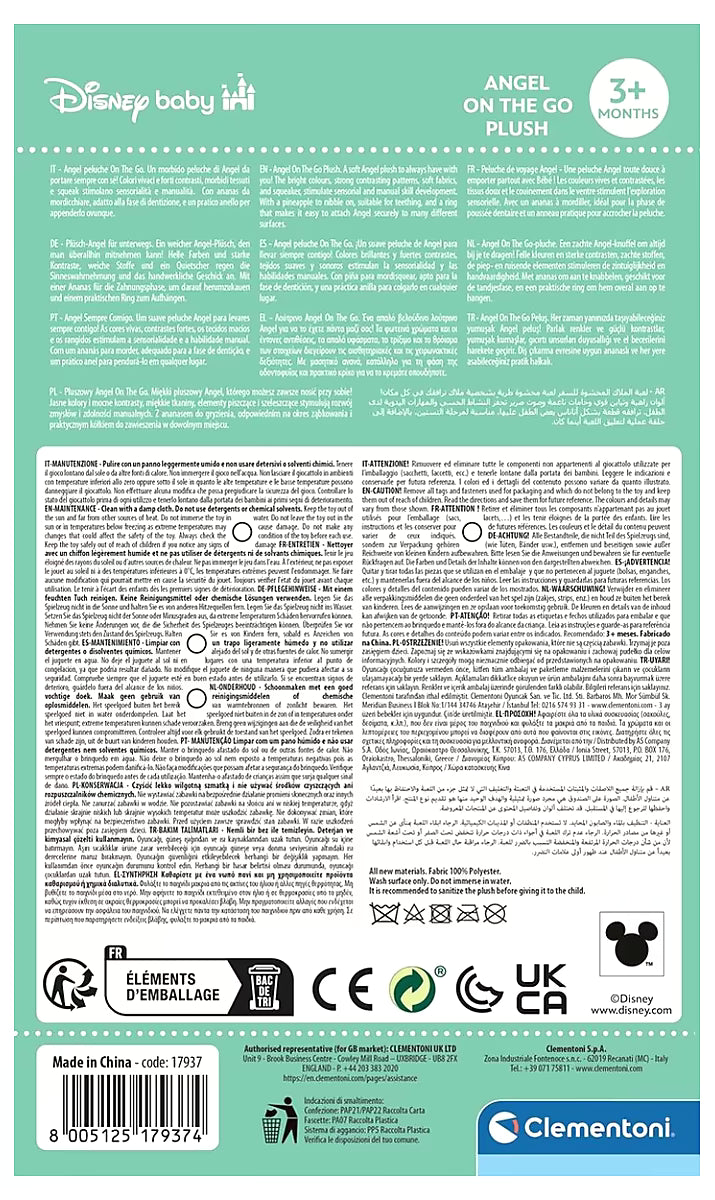 Achterzijde verpakking Clementoni Stitch zachte rammelaar - Angel met productinformatie en Disney logo voor baby cadeau.