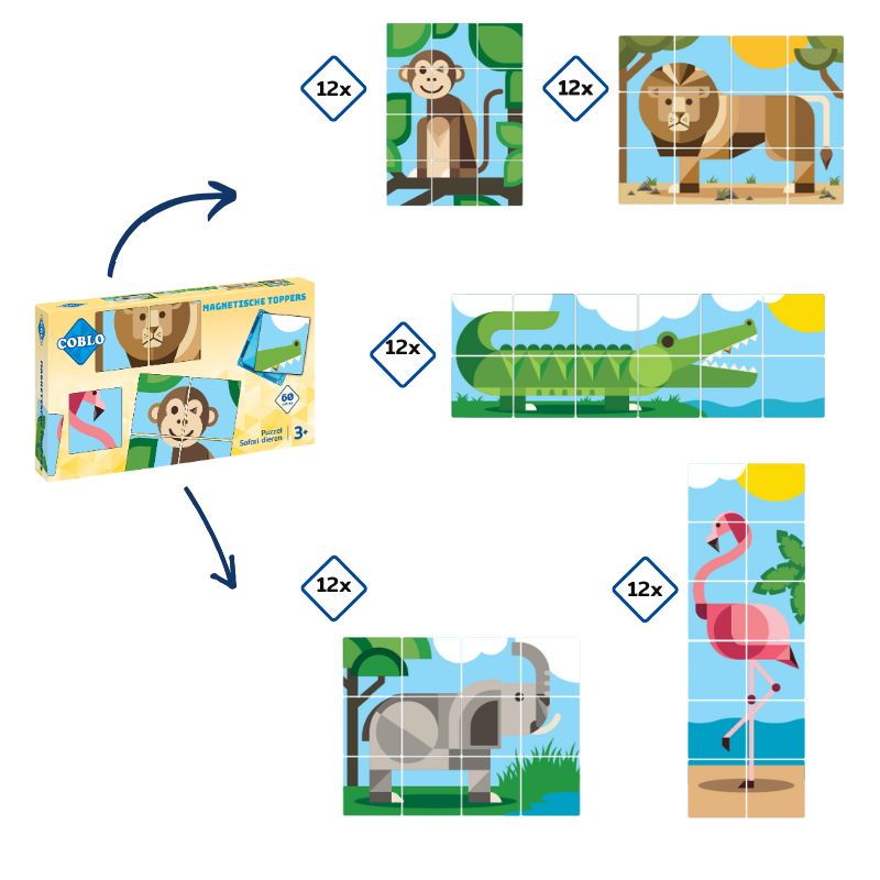 Coblo blokken uitbreiding overzicht 60 puzzelkaarten safari dieren: aap, leeuw, krokodil, olifant
