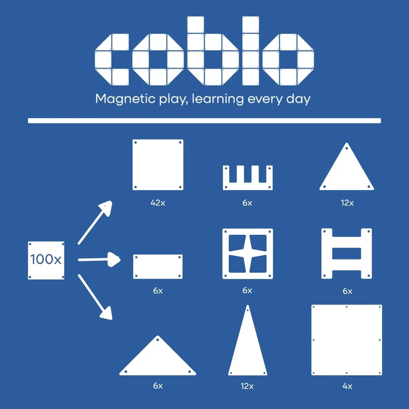 Coblo Classic 100 stuks inhoud overzicht met vierkanten driehoeken en speciale vormen magnetisch speelgoed