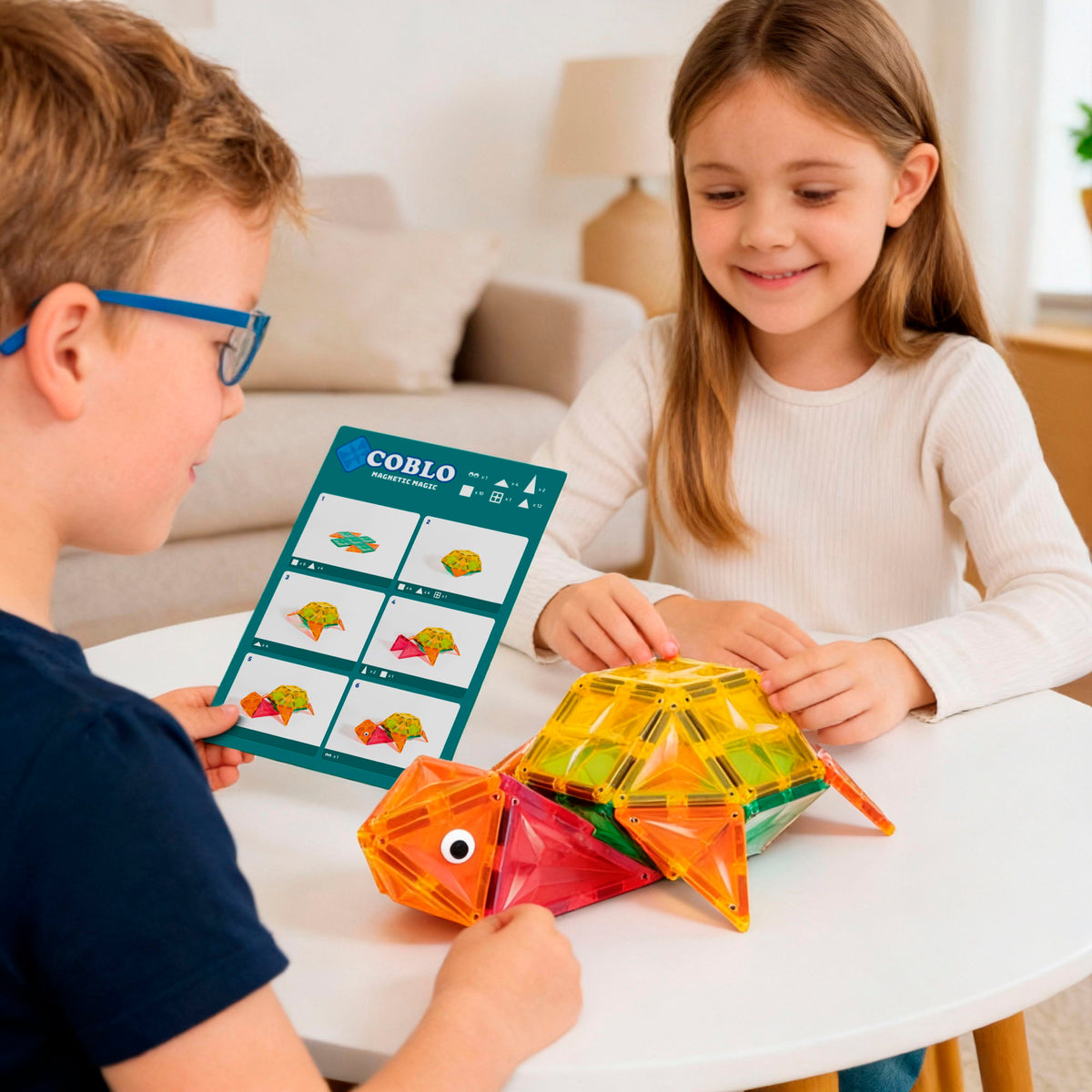 Coblo magneten in actie, kinderen bouwen kleurrijke schildpad met magnetische tegels volgens instructiekaart