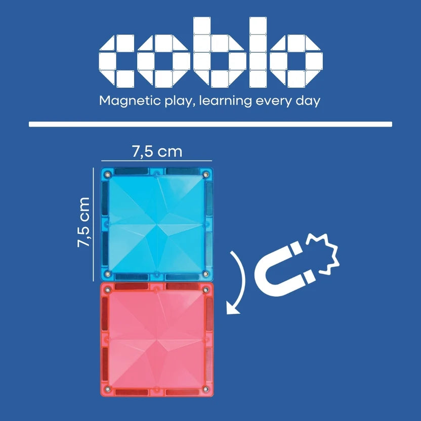 Coblo speelgoed afmetingen 7,5 cm magnetische tegels blauw en roze met magneet illustratie