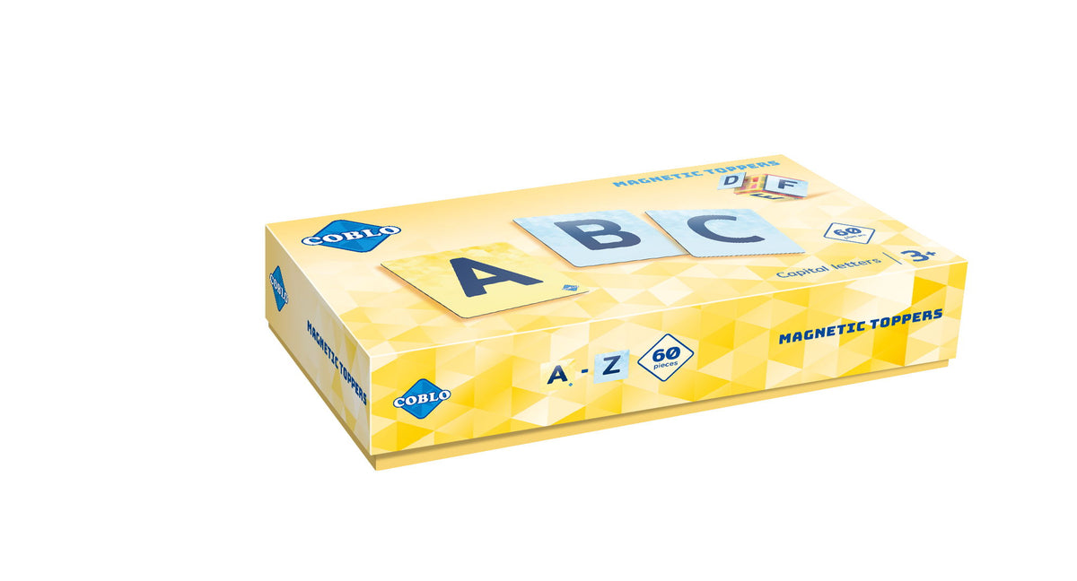Coblo uitbreiding verpakking zijkant geel met A-Z 60 stuks Magnetic Toppers hoofdletters