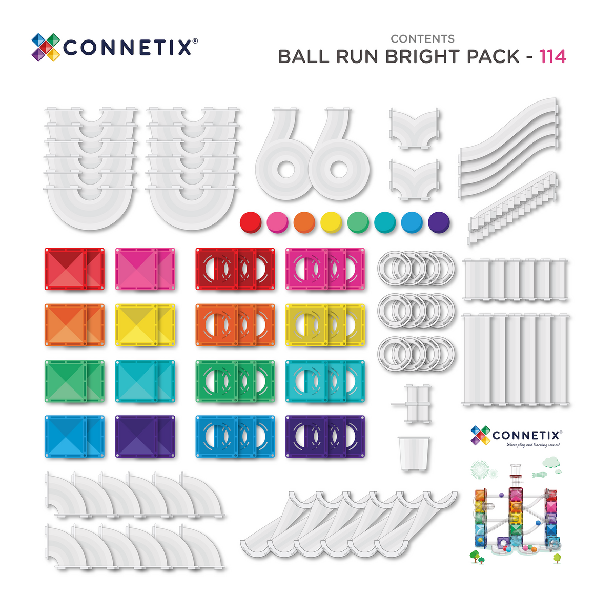 Connetix ball run inhoud overzicht 114 magnetische tegels rails knikkers en accessoires bovenaanzicht