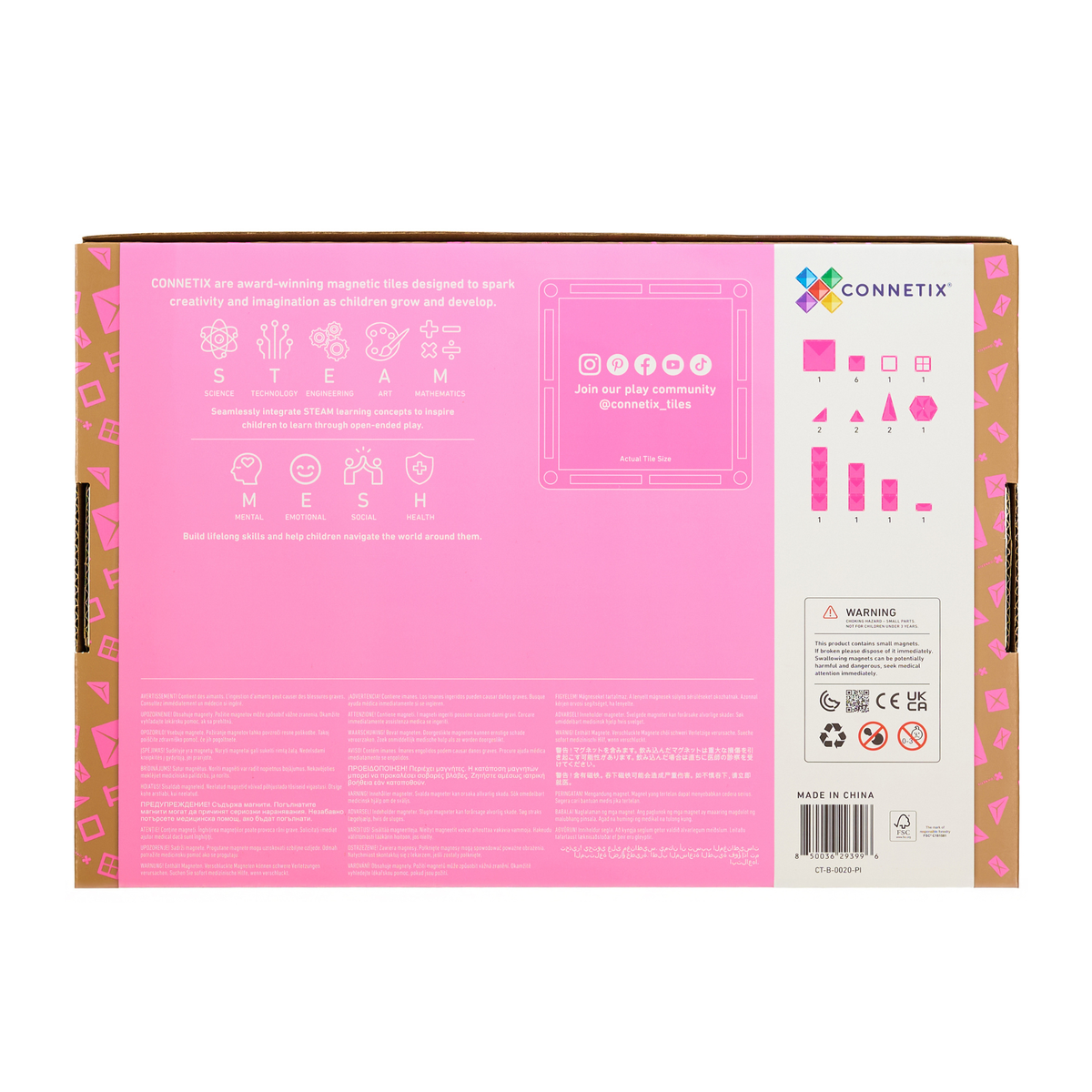Achterzijde verpakking Connetix Charity Pack Pink 20pc met STEAM- en MESH-leerconcepten en stukkenindeling.