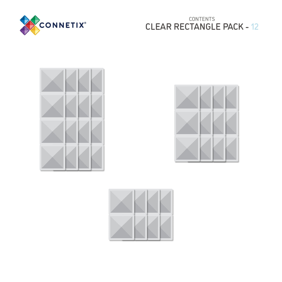 Connetix Clear Rectangle Pack inhoud overzicht 12 transparante rectangle tegels configuraties schematisch