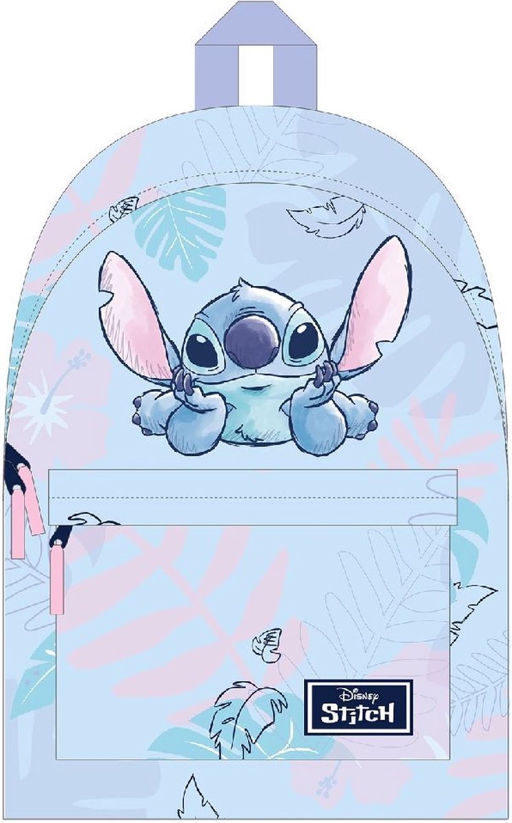 Disney Stitch rugzak voorkant detail foto met groot Stitch karakter print en transparant schrijfvak