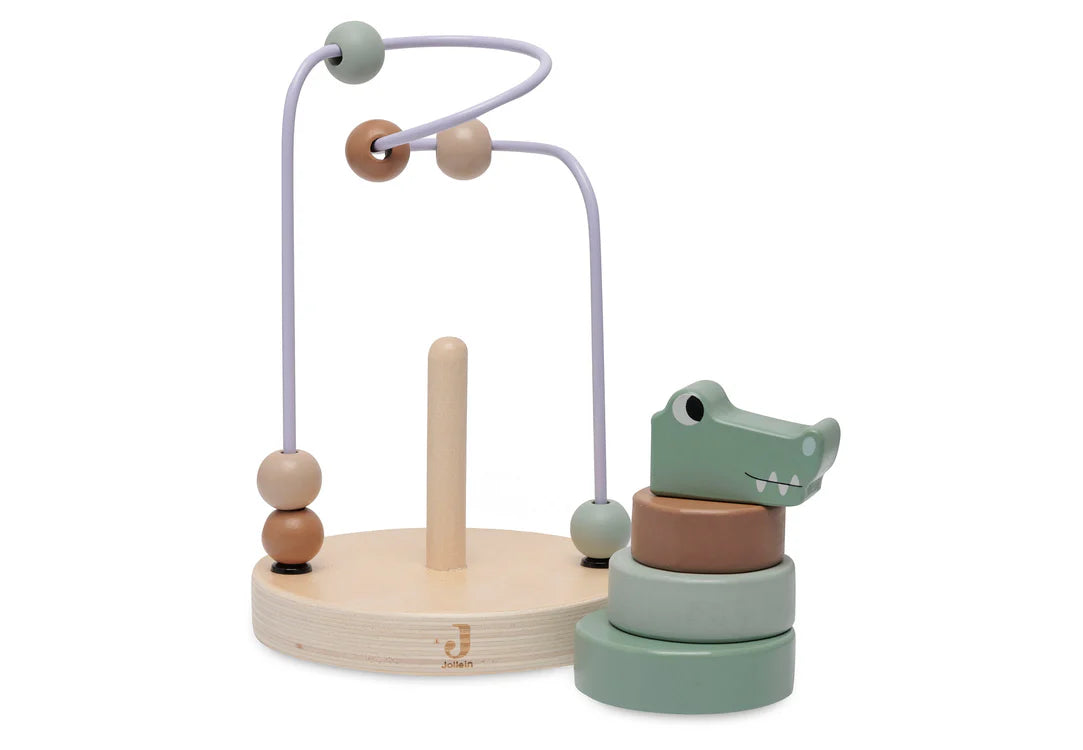 De losse onderdelen van Jollein houten spiraal krokodil vormen een leuke stapeltoren en educatief speelgoed in hout.