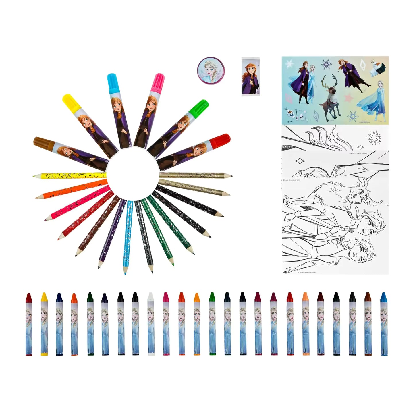Detailfoto van Frozen kleurpotloden en stiften met stickers en kleurplaten, perfect voor creatief plezier.