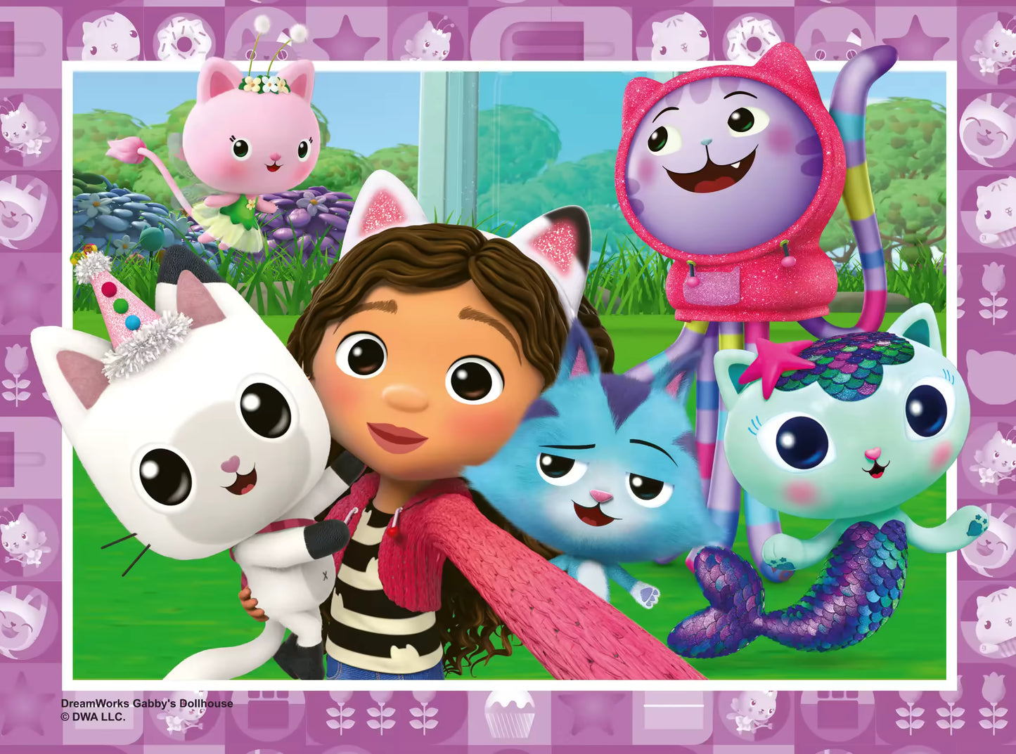 Gabby viert feest met Pandy Paws, MerCat en Kitty Fairy in vrolijke Ravensburger puzzel van 24 stukjes.