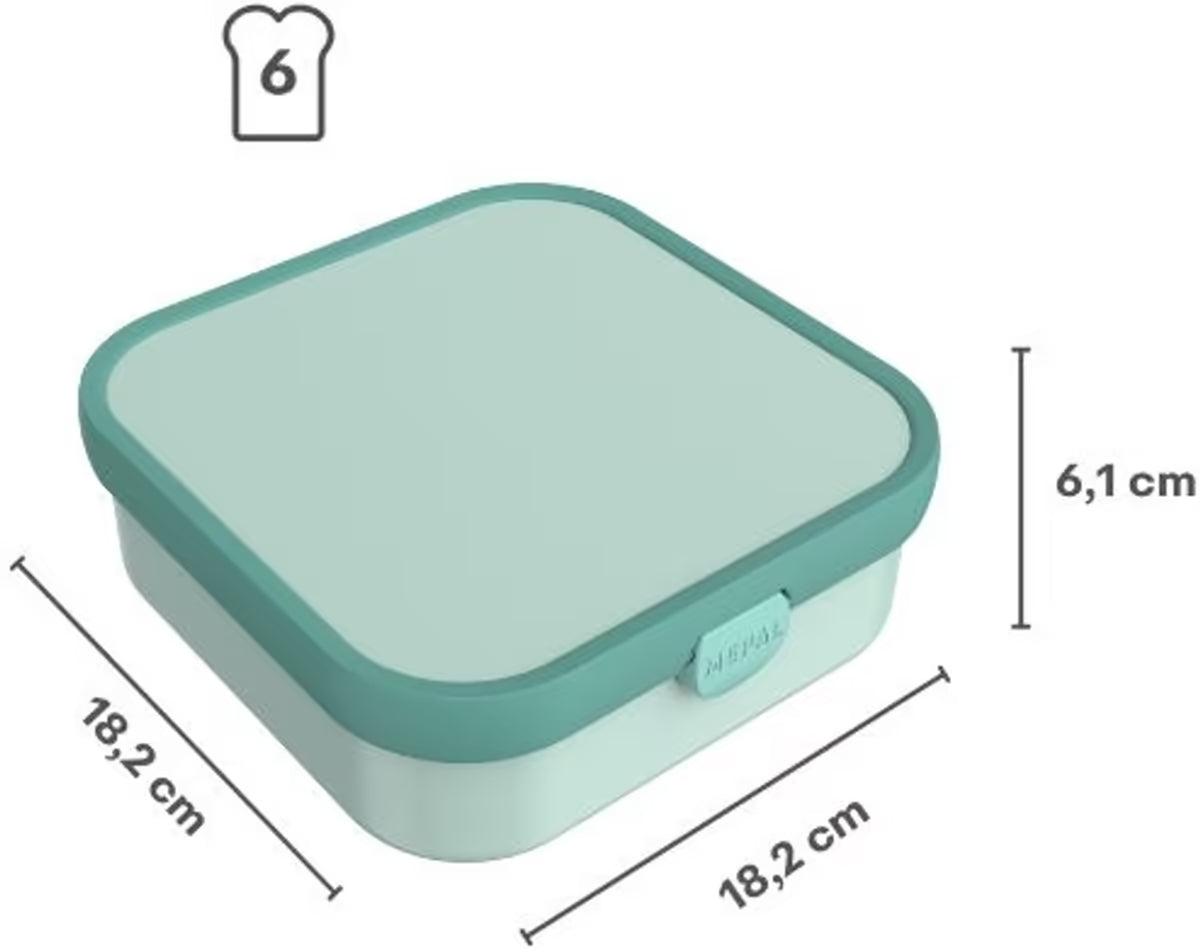 Grote broodtrommel van Mepal in blauwgroen, afmetingen 18,2 x 18,2 x 6,1 cm, geschikt voor zes boterhammen.