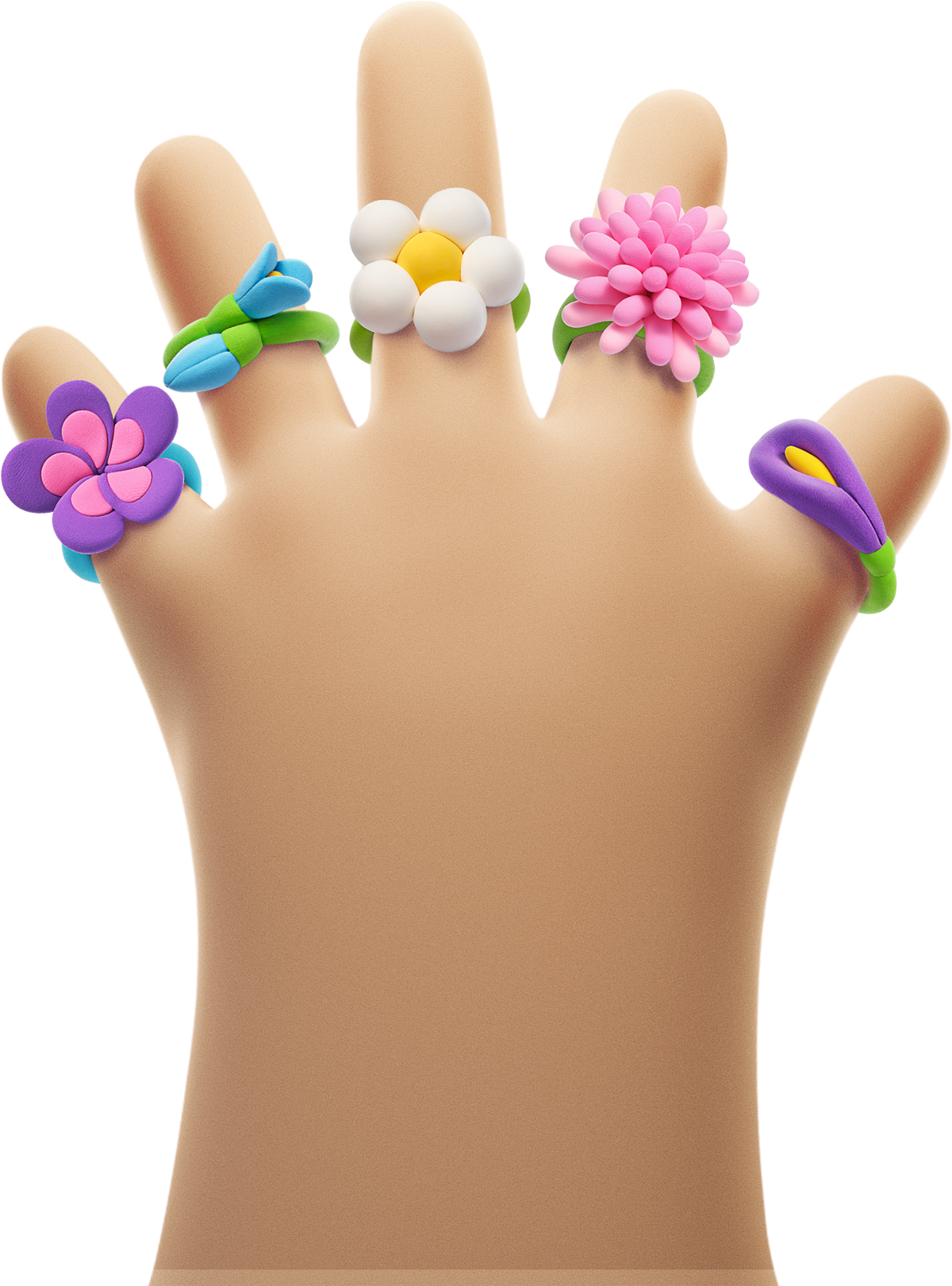 Hey Clay Bijou Rings Flower set: 3D hand met 5 kleurrijke bloemenringen van boetseerklei voor kinderen.
