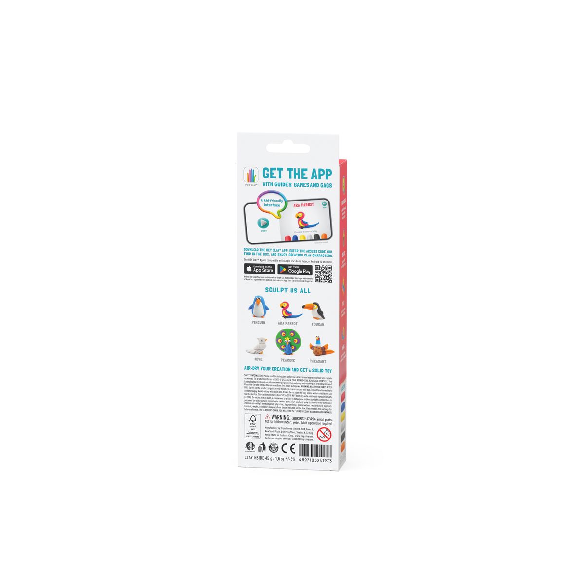 Hey Clay achterzijde verpakking met app-info, QR-code en Birds collectie inclusief toekan en pinguïn