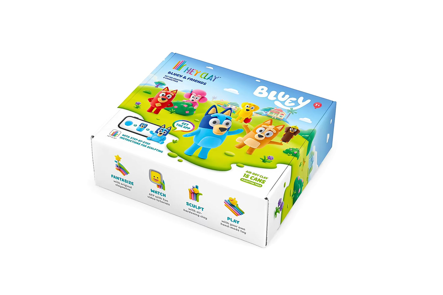 Bovenaanzicht van Hey Clay Bluey & Friends doos met 15 potjes boetseerklei en klei ideeën op de verpakking.