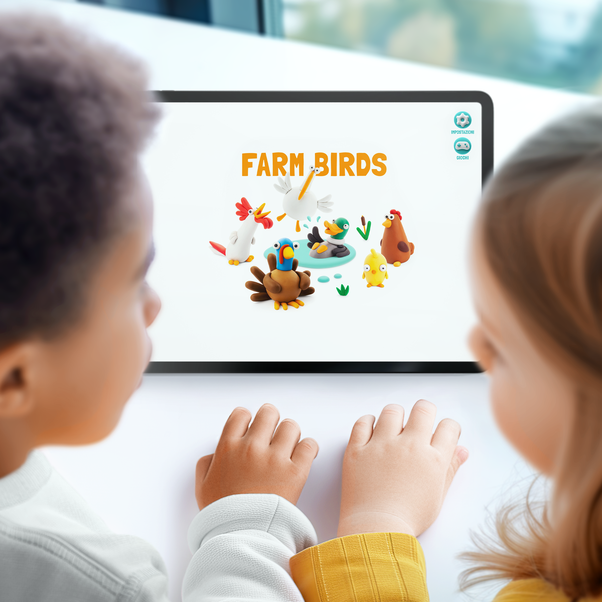 Hey Clay Farm Birds app op tablet met kinderen die boerderijvogels kleien voor creatief speelgoed