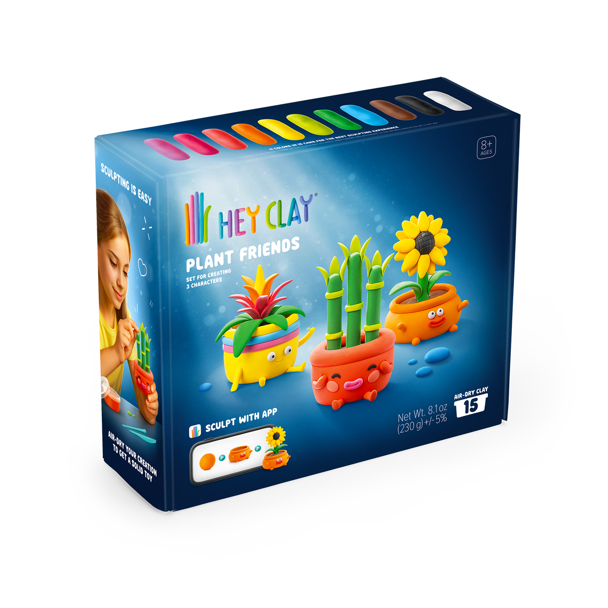 Hey Clay Plant Friends doos zijkant met botanical plants afbeeldingen en 15 potjes speelgoed boetseerklei