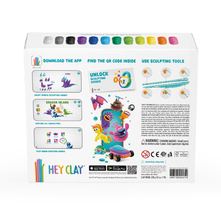 Hey Clay Dragons achterzijde verpakking met app instructies, QR-code en 15 kleurenpalet bovenzijde