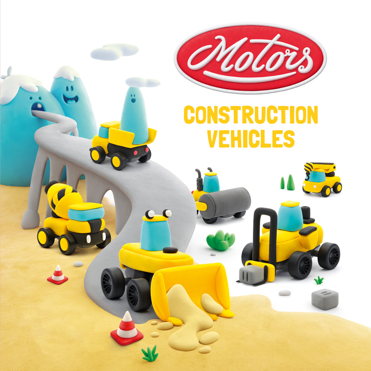 Hey Clay Motors Construction Vehicles achterzijde verpakking met alle zes boetseerklei voertuigen