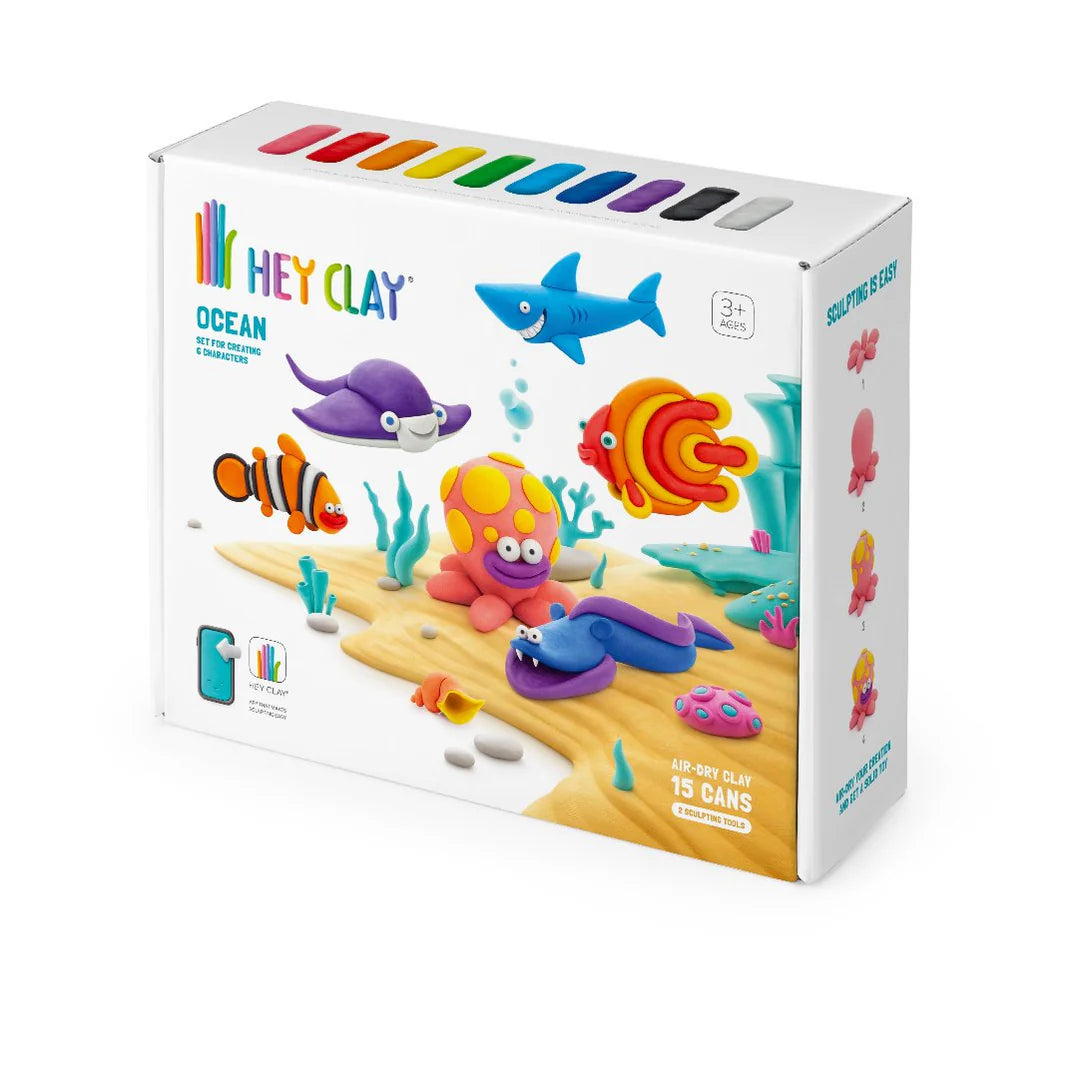 Voorkant doos Hey Clay ocean boetseerklei met 15 potjes en kleurrijke zee dieren, gecombineerd met een online app.