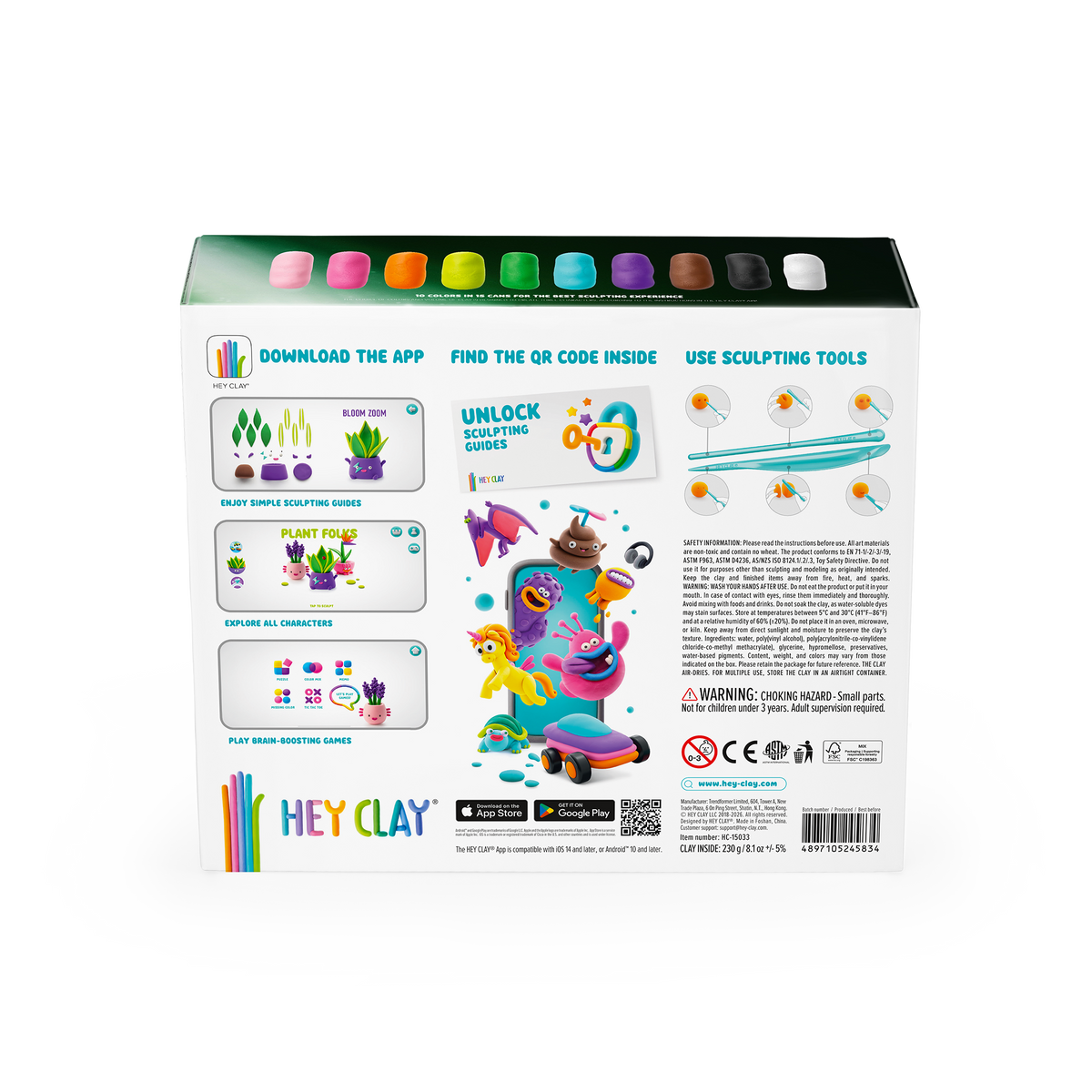 Hey Clay Plant Folks achterzijde verpakking met instructies app QR-code en speelgoed informatie
