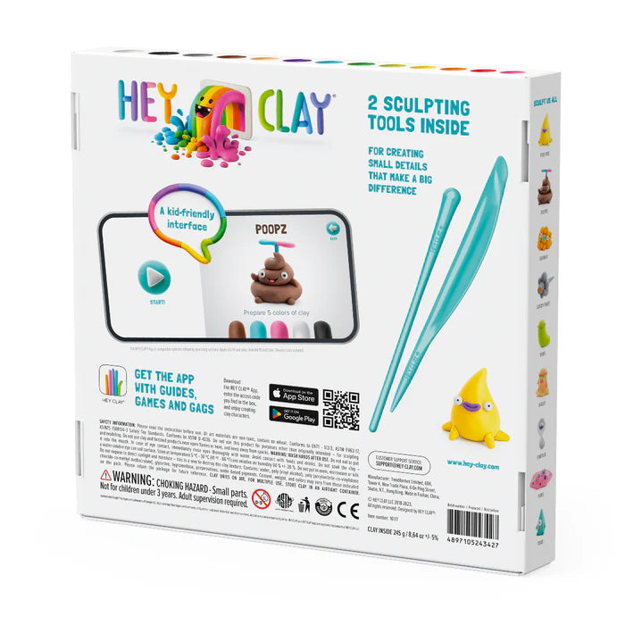 Achterzijde doos Hey Clay PoopOops klei set met uitleg over sculpting tools, app-functionaliteit en kleurrijke figuren voor creatief spel.