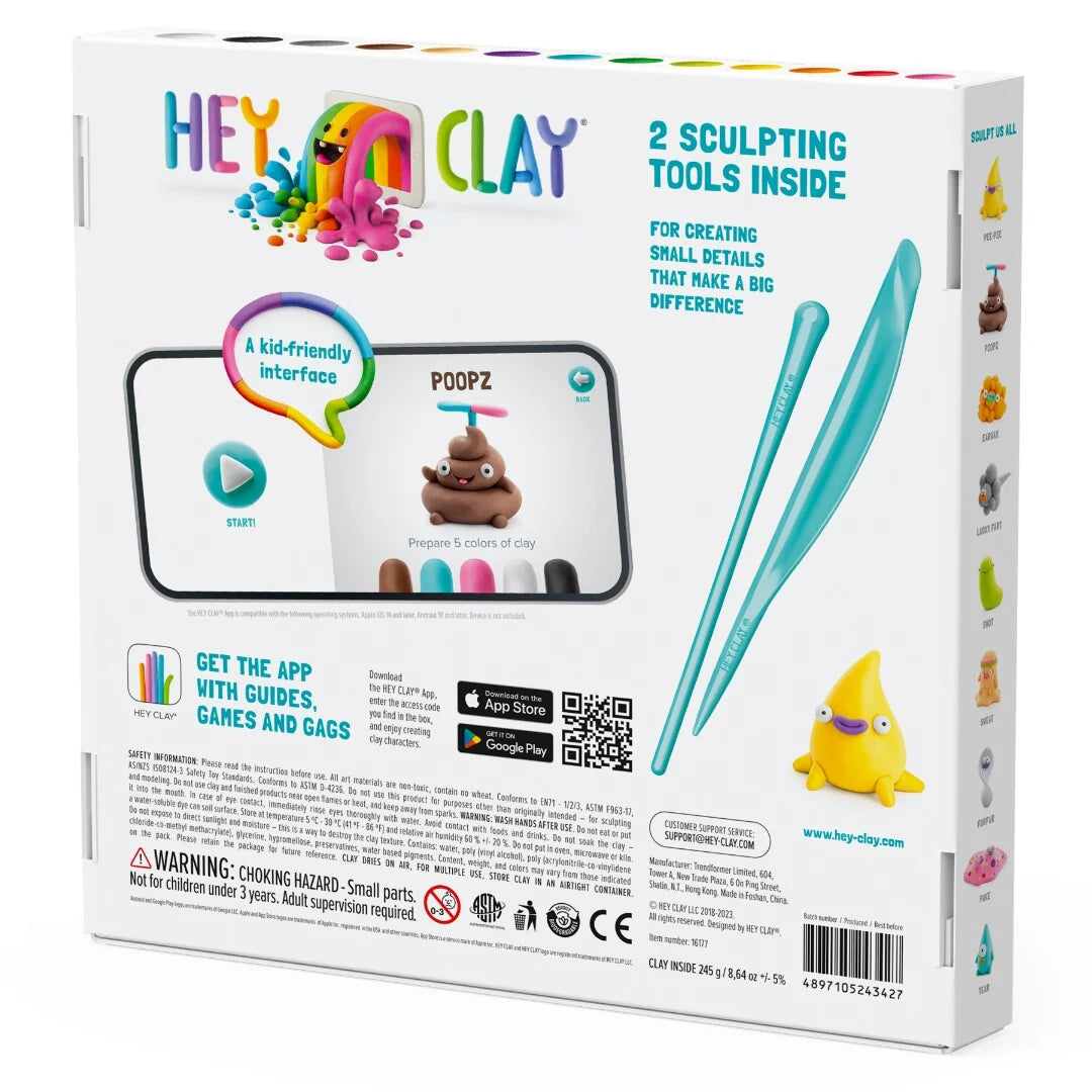Achterzijde doos Hey Clay PoopOops klei set met uitleg over sculpting tools, app-functionaliteit en kleurrijke figuren voor creatief spel.