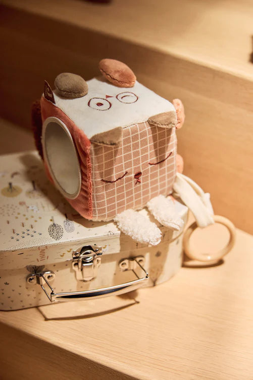 Jollein activiteitenkubus met slapende kat en spiegel in warme sfeer op babykamerkoffer, ideaal baby cadeau.