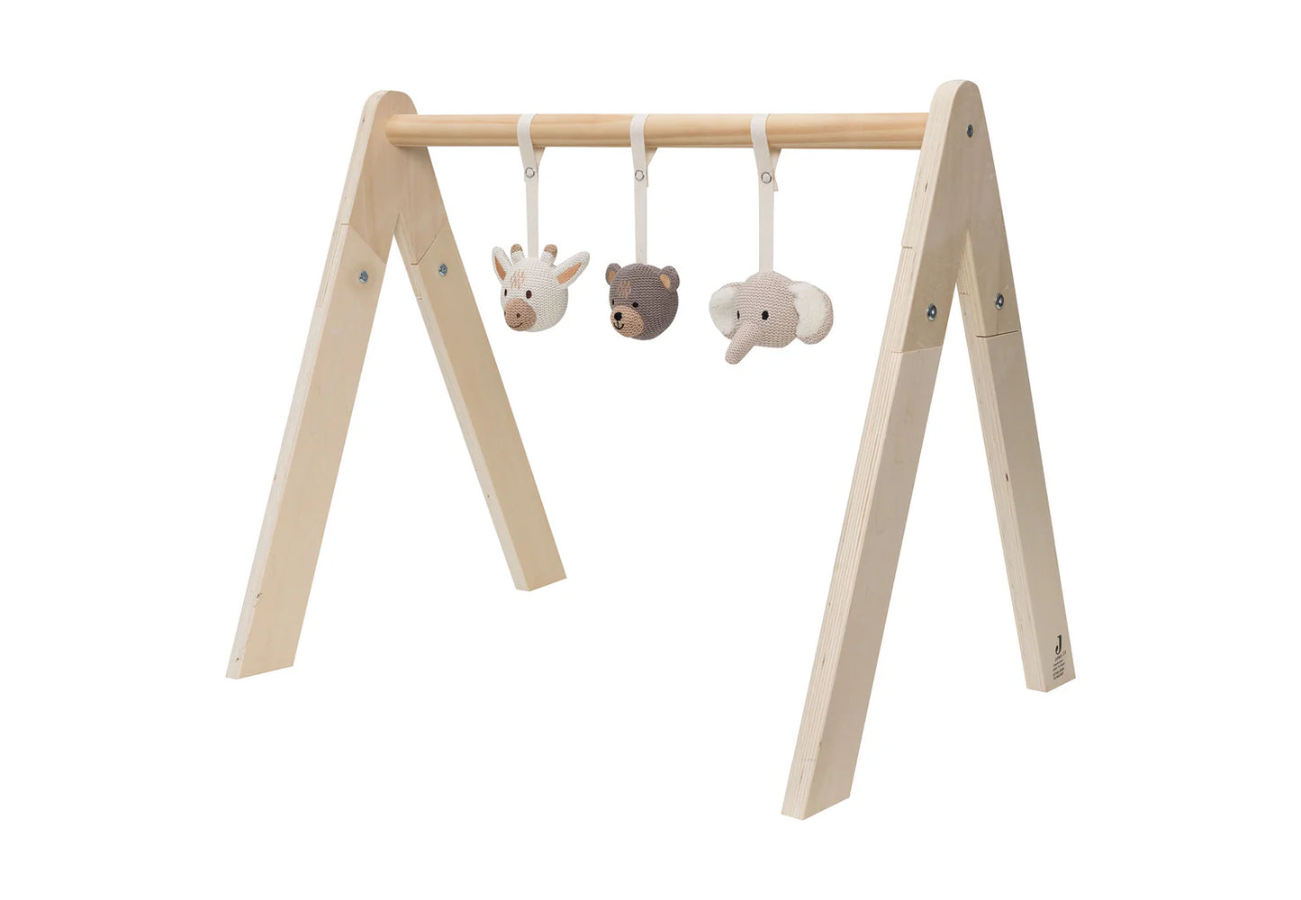Jollein baby gym van stevig hout met gehaakte dierenfiguren, ook bekend als babygym.