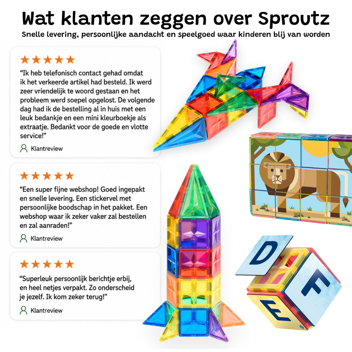 Klantreviews magnetische tegels Sproutz met 5 sterren beoordeling, snelle levering en persoonlijke service