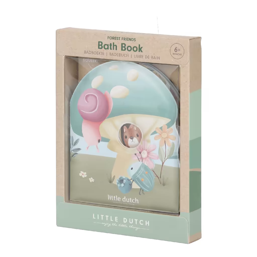 Schuin aanzicht verpakking Little Dutch Badboekje Forest Friends, vrolijk bad speelgoed voor baby’s.