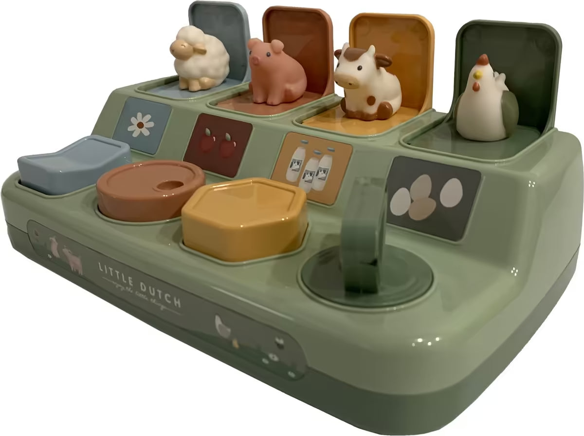 Little Dutch Farm Pop-up Dieren detailfoto met schaap, varken, koe en kip, sensorisch speelgoed voor baby en dreumes.