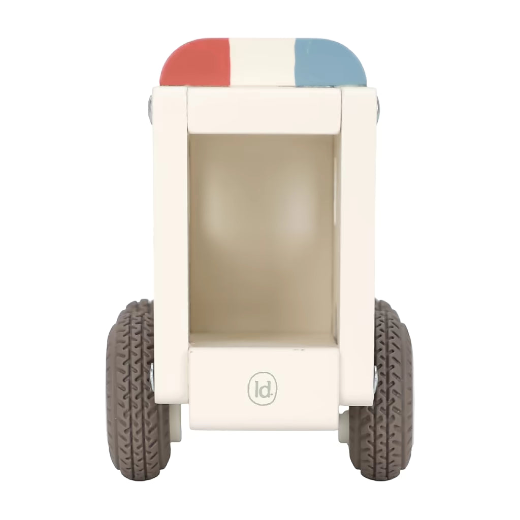 Achterzijde Little Dutch houten ambulance met open laadruimte, stevig speelgoed hout voor peuters.