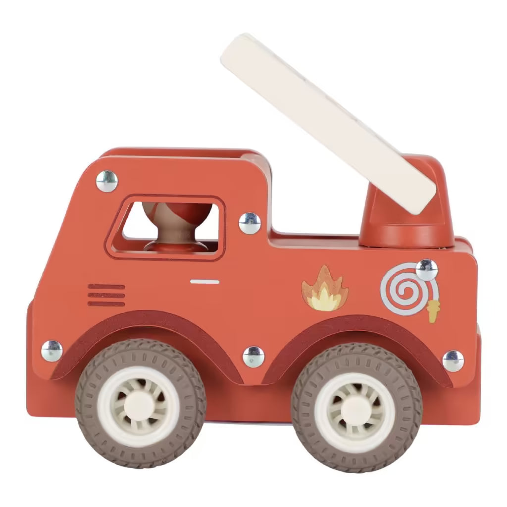 Little Dutch houten brandweerwagen met witte ladder en pegdoll, duurzaam baby speelgoed in hout.