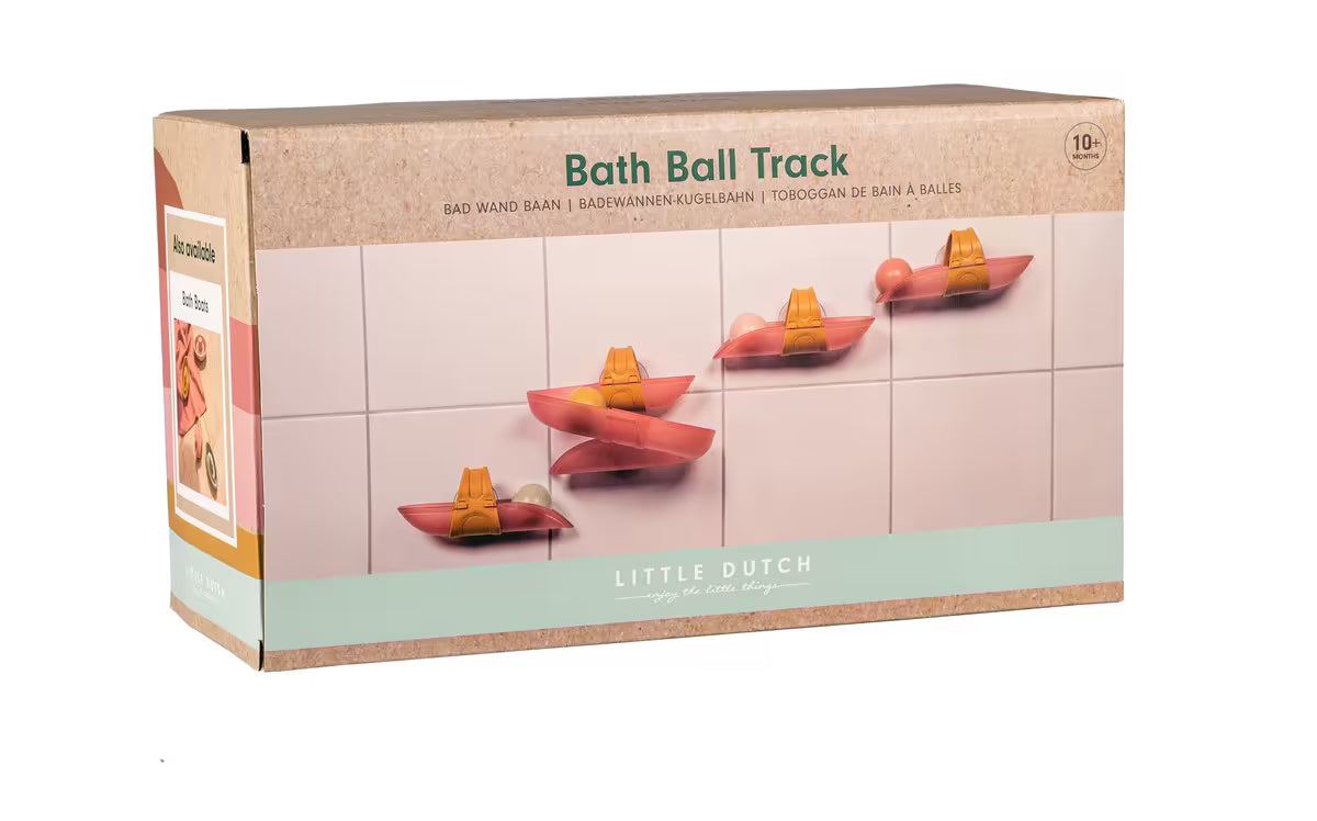 Voorkant verpakking van Little Dutch Waterbaan - Roze, badspeelgoed met ballen geschikt voor kinderen vanaf 10 maanden.