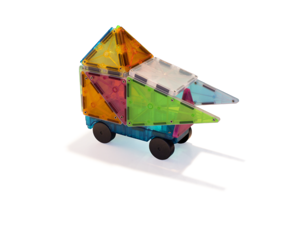 Magna Tiles Grand Prix: Kleurrijke, doorschijnende magneettegels met wieltjes, set van 50 stuks.