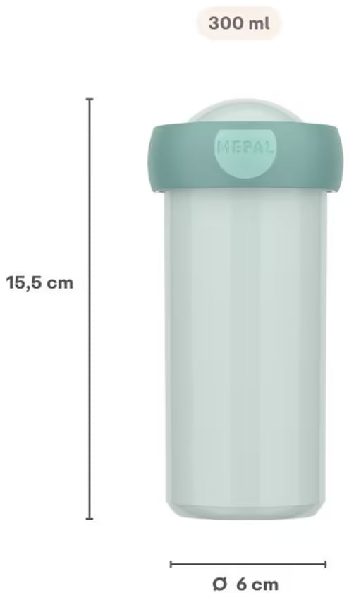 Groene Mepal drinkbeker van 300 ml met afmetingen 15,5 cm hoog en 6 cm diameter, BPA-vrij.