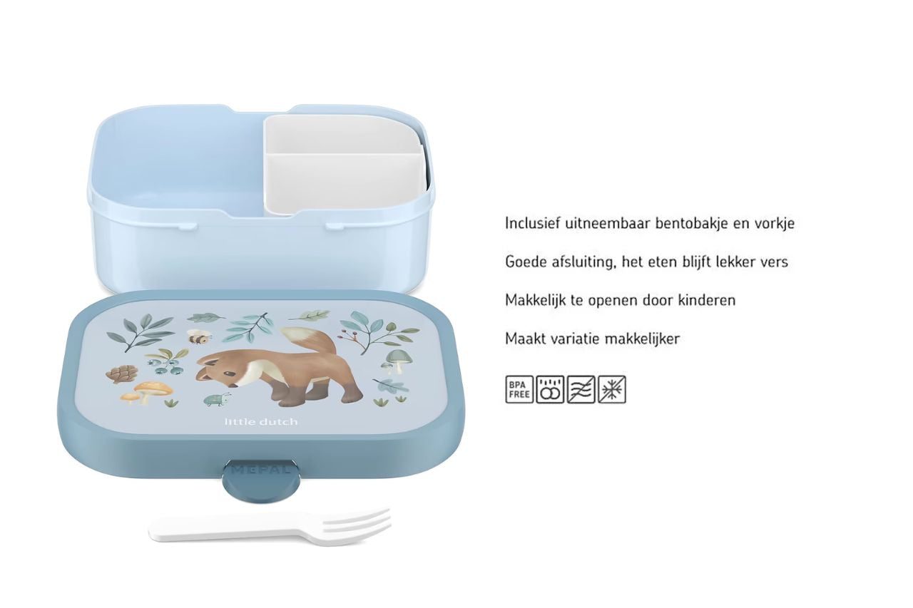 Uitleg Mepal lunchbox met uitneembaar bentobakje en vorkje, kindvriendelijk en praktisch voor gevarieerde lunch
