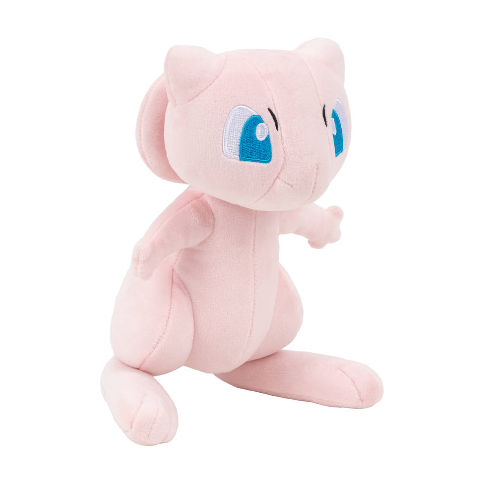 Mew Pokémon knuffel in zijaanzicht, roze knuffel Pokémon van zacht materiaal, ideaal voor jonge fans en Pokémon knuffels