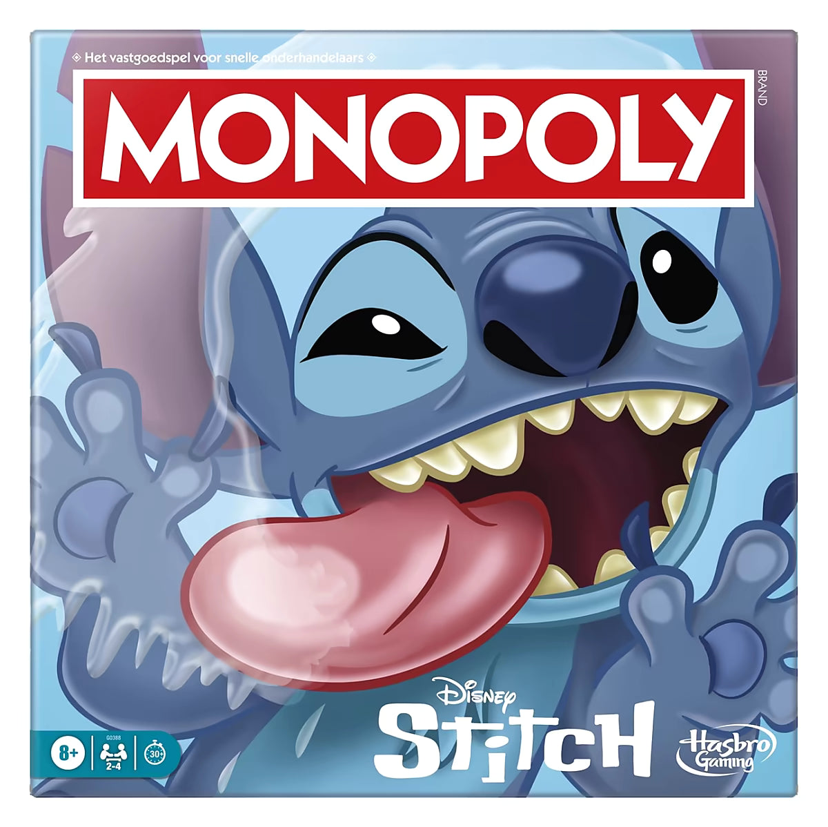 Monopoly Stitch Disney Hasbro familiespel, doos voorkant met vrolijke afbeelding van Stitch.