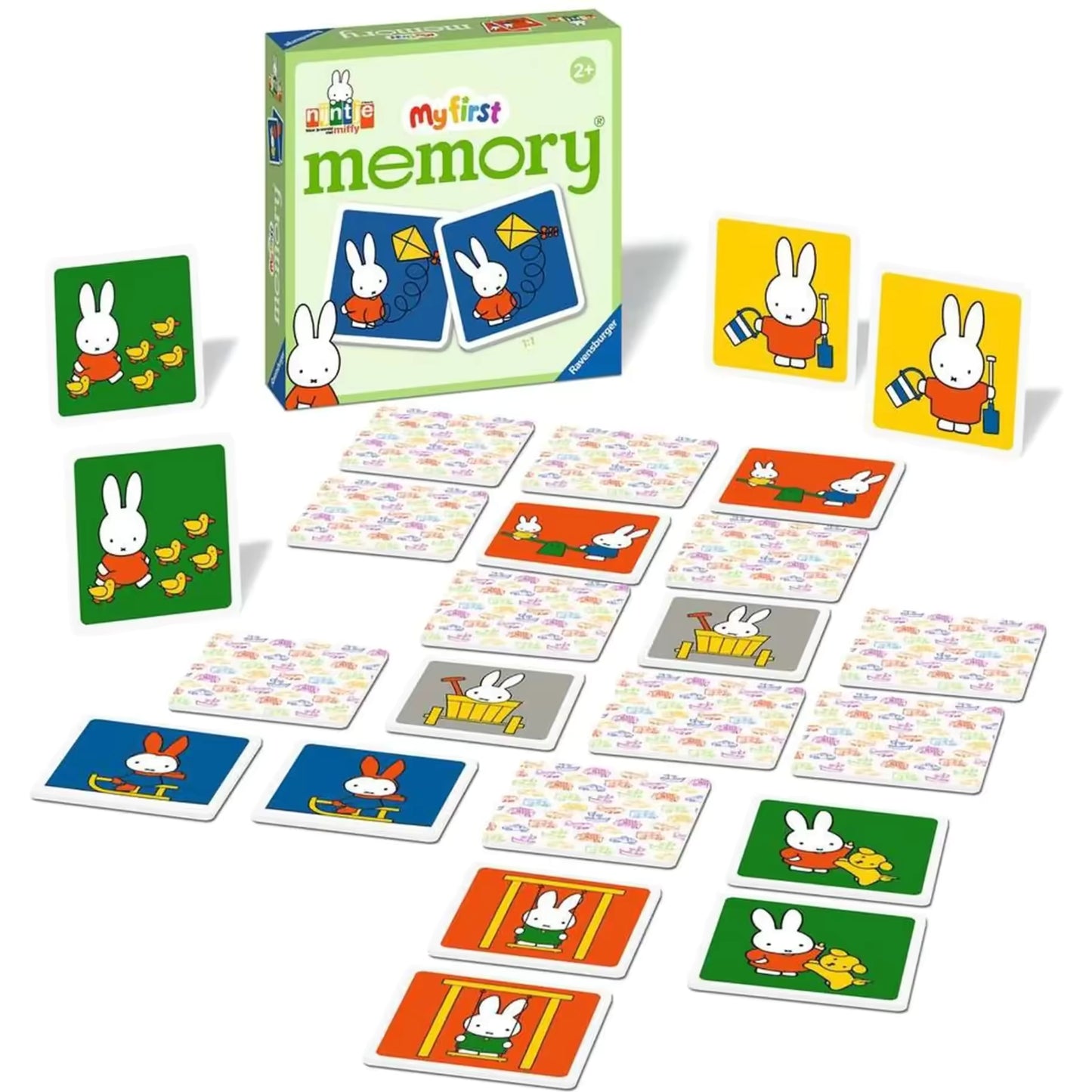 Bovenaanzicht van het Nijntje My First Memory spel van Ravensburger, kleurrijk en kindvriendelijk educatief speelgoed voor peuters.