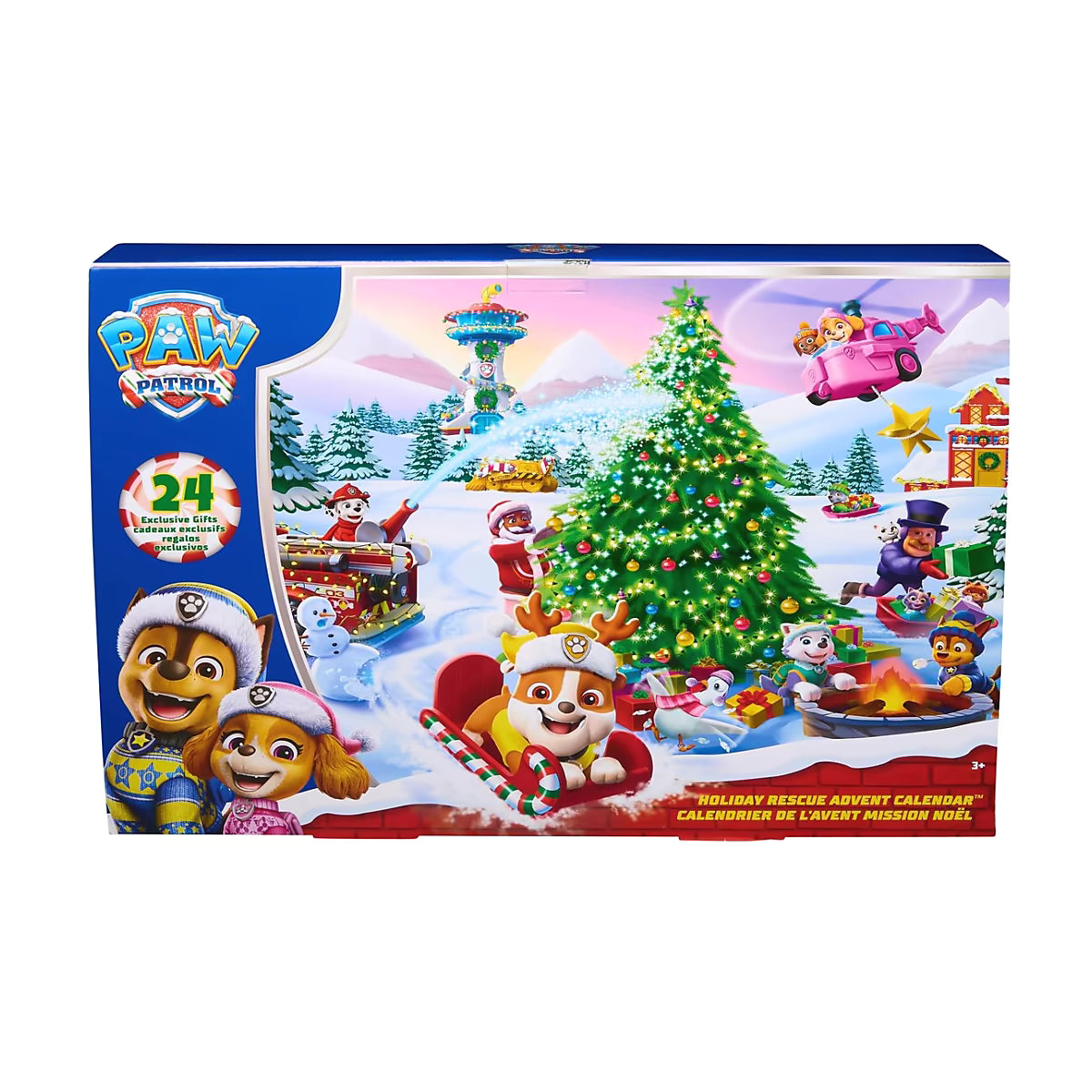 Kleurrijke verpakking van de Paw Patrol Advent kalender 2025 met Chase en Skye, perfect PAW Patrol speelgoed voor kinderen.