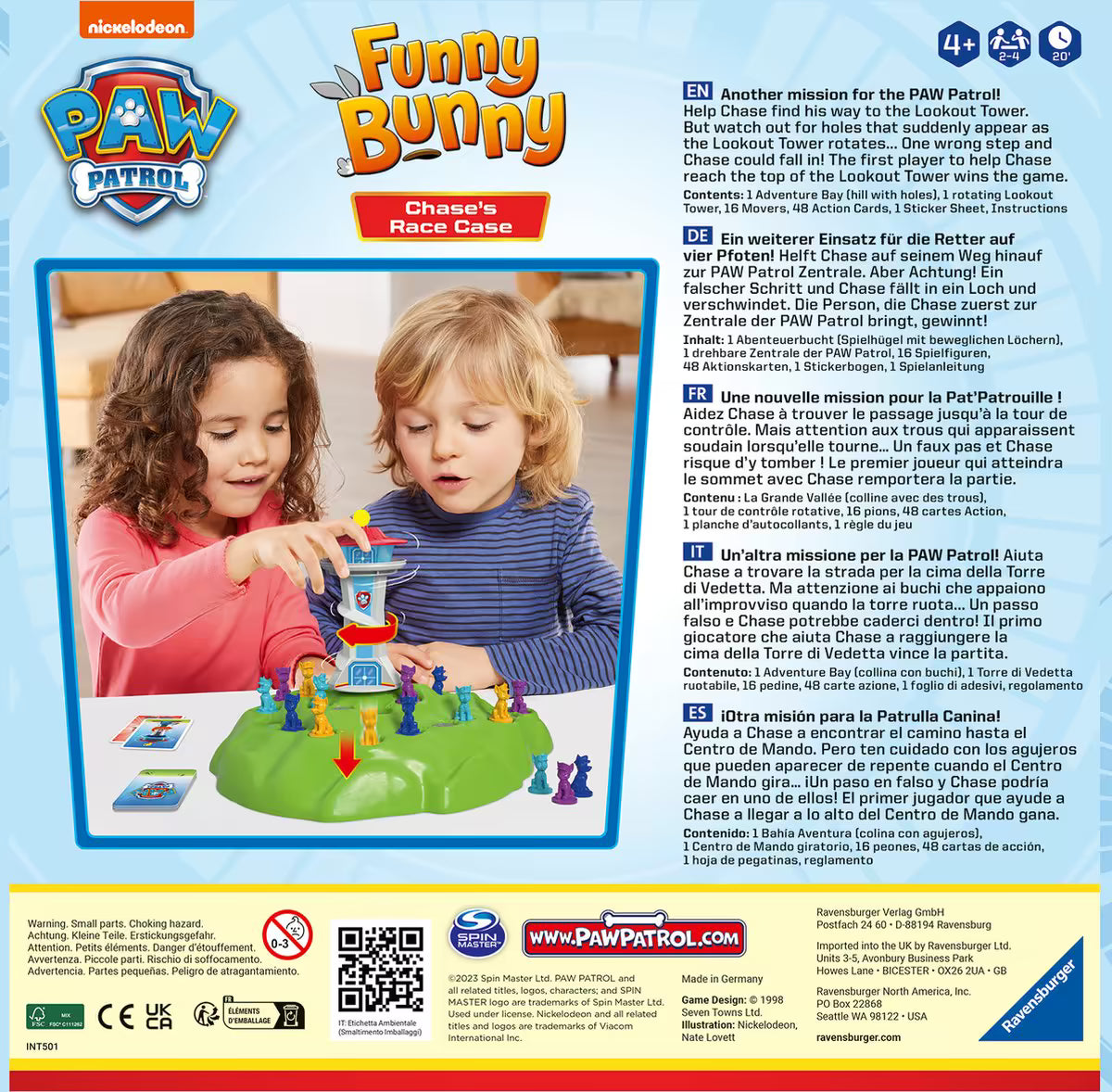 Achterzijde van PAW Patrol Bunny Hop speldoos met speluitleg, kleurrijke foto’s en kinderen die het spel spelen.