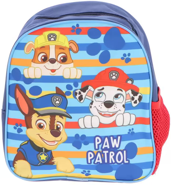 Voorkant van kleine PAW Patrol rugzak kinderen met vrolijke figuren Chase, Marshall en Rubble, perfect voor back to school.