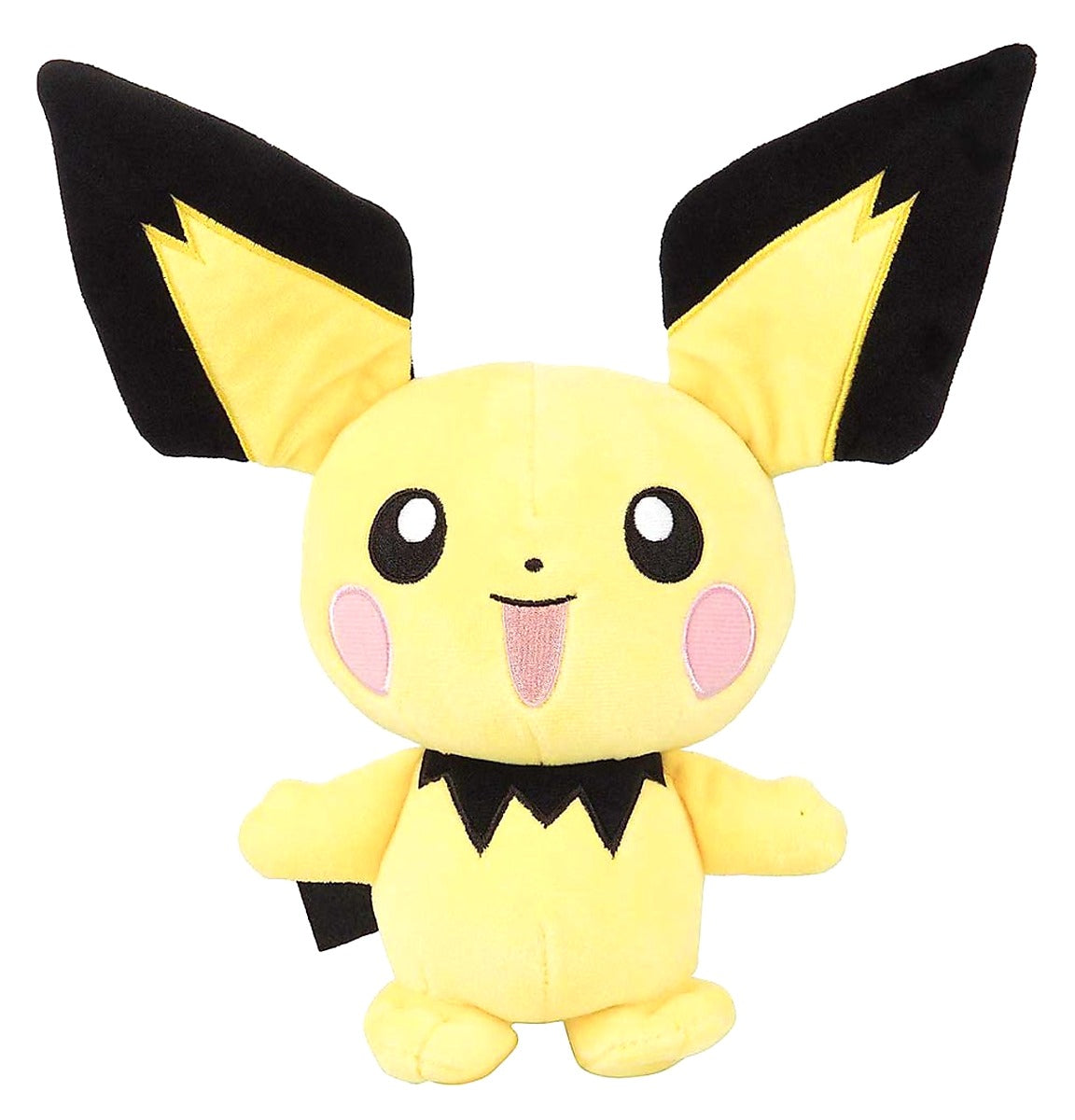 Pichu Pokémon knuffel recht van voren, gele Pichu knuffel zonder verpakking, ideaal als Pokémon cadeau voor jonge kinderen.
