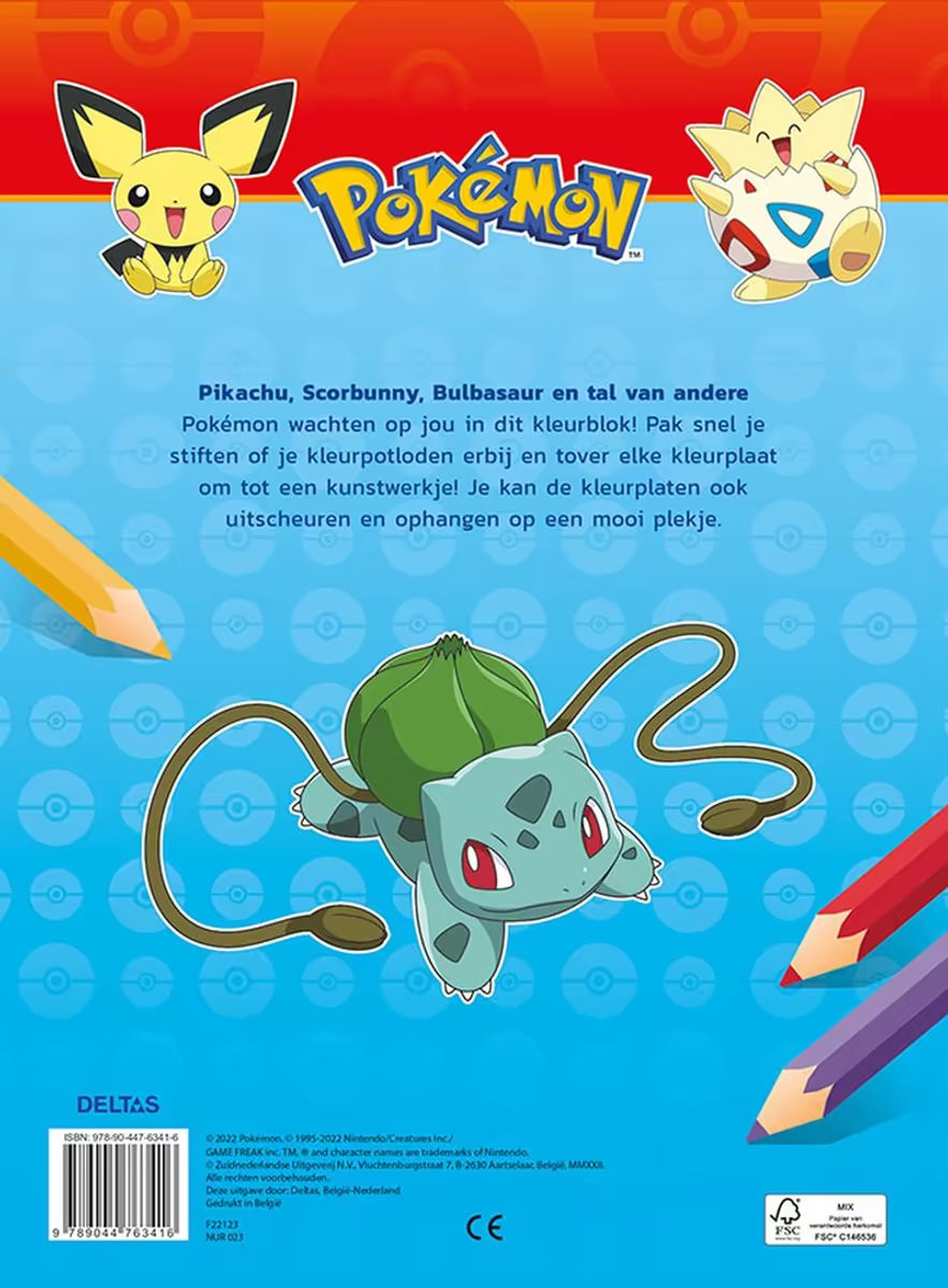 Achterzijde Pokémon kleurplaat boek met Bulbasaur, Pichu en Togepi, ideaal voor kinderen die kleurplaten van Pokémon zoeken.