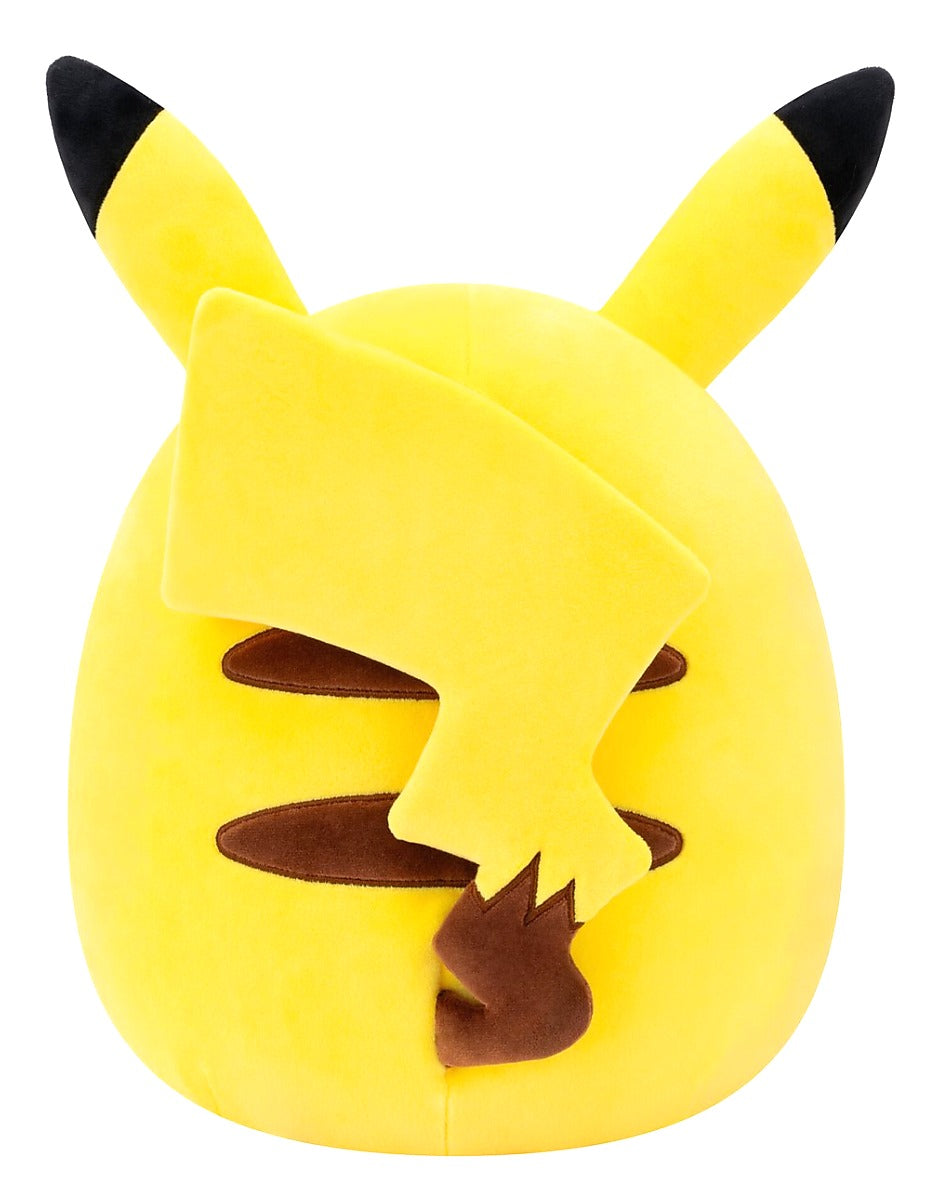 Pokémon Squishmallow Pikachu knuffel achterzijde detail met bliksemschichtstaart, zachte gele Squishmallow van Jazware