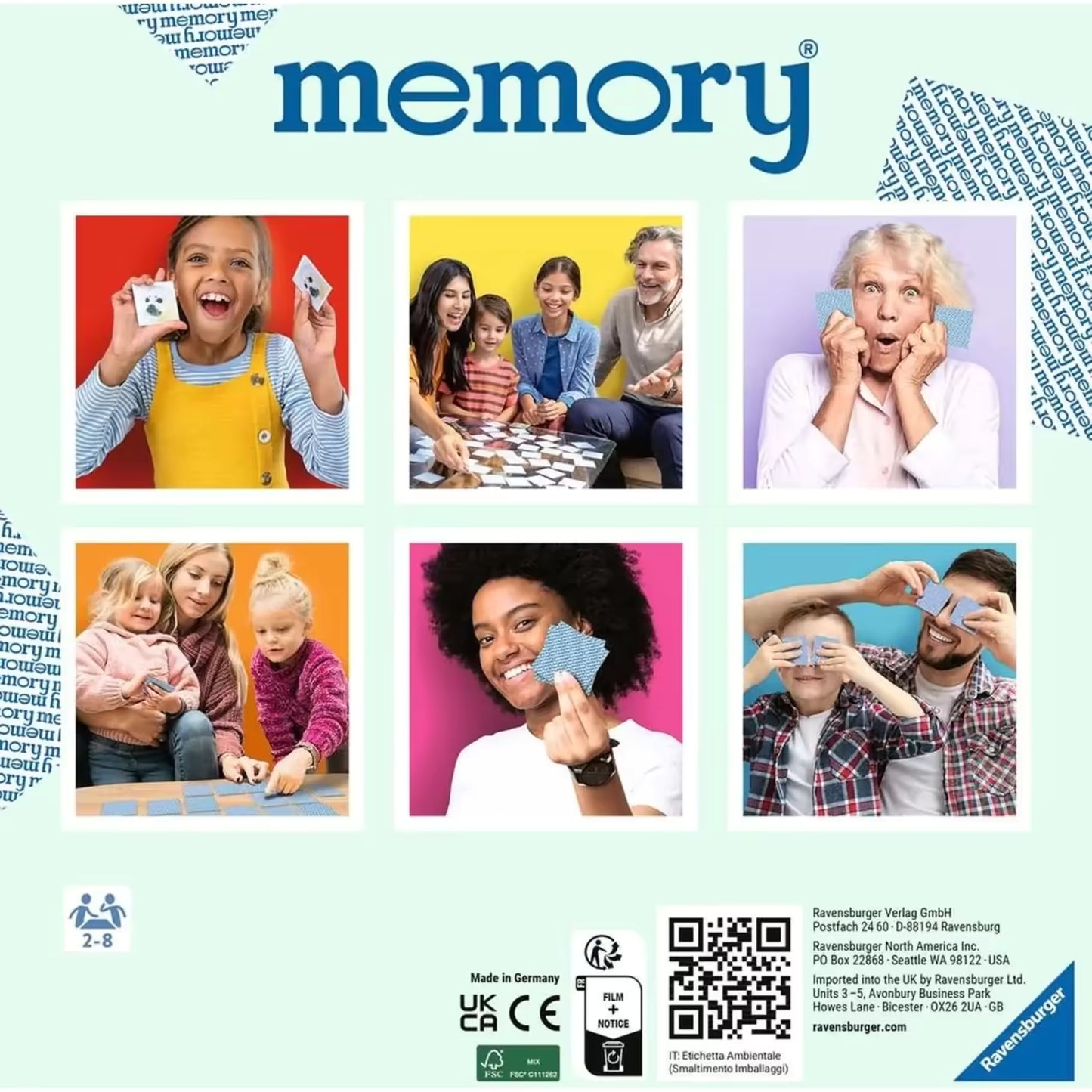 Achterkant van Ravensburger memory spelverpakking met lachende kinderen, geschikt als educatief speelgoed voor 2-8 spelers.