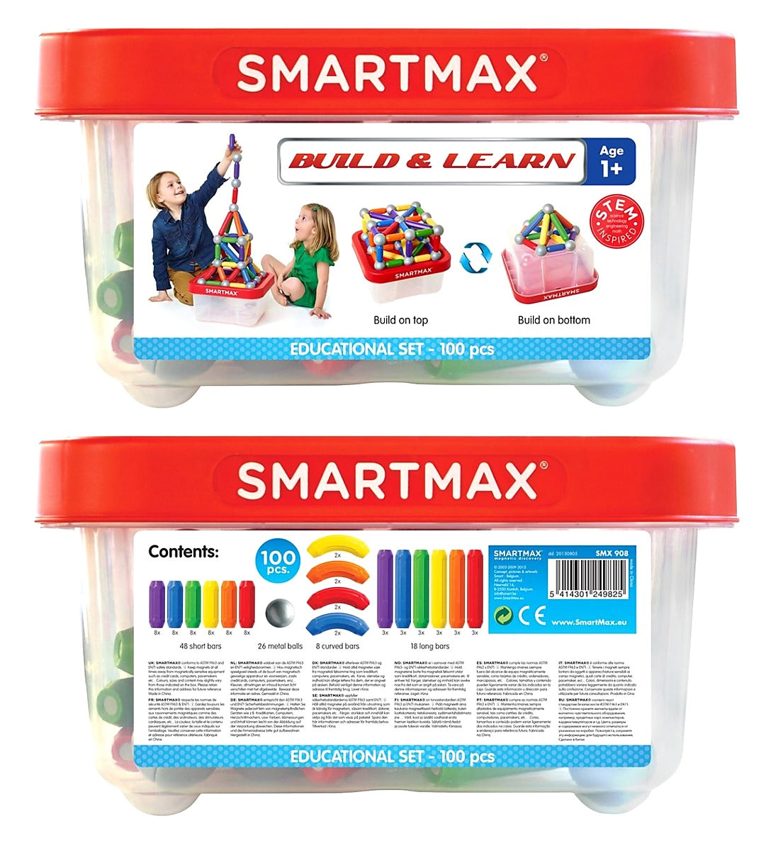 SMX 908 SmartMax Build & Learn educatieve set met magnetisch speelgoed, voorkant verpakking met 100 onderdelen vanaf 1 jaar.
