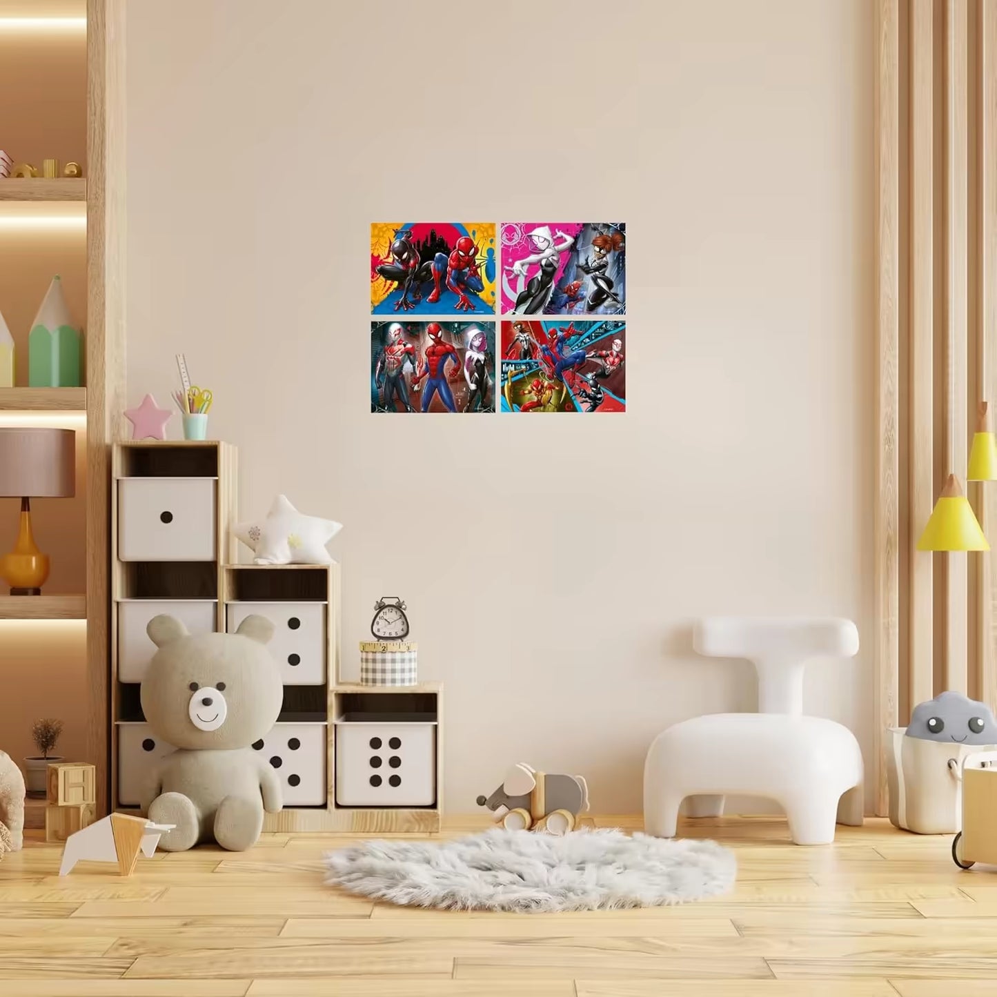 Kinderkamerdecoratie met vier kleurrijke Spiderman puzzels aan de muur, Ravensburger peuter puzzel set.