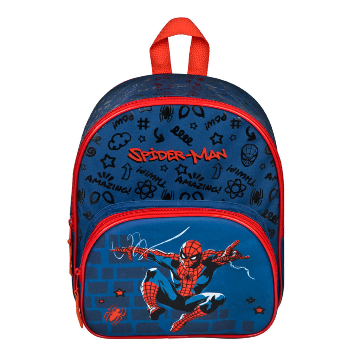Spiderman rugzak voorkant met Amazing tekst en superheld Peter Parker, Marvel Spiderman cadeau jongens