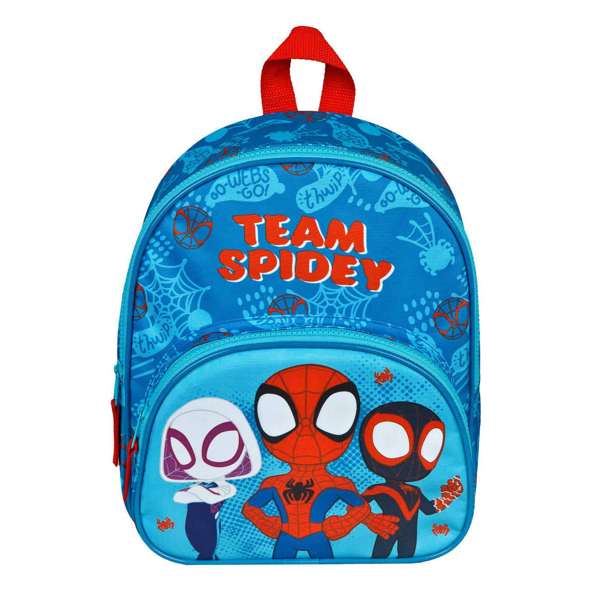 Spidey speelgoed rugzak 31 cm met Spidey Parker en vrienden, blauw-rode Marvel kinderrugzak op witte achtergrond
